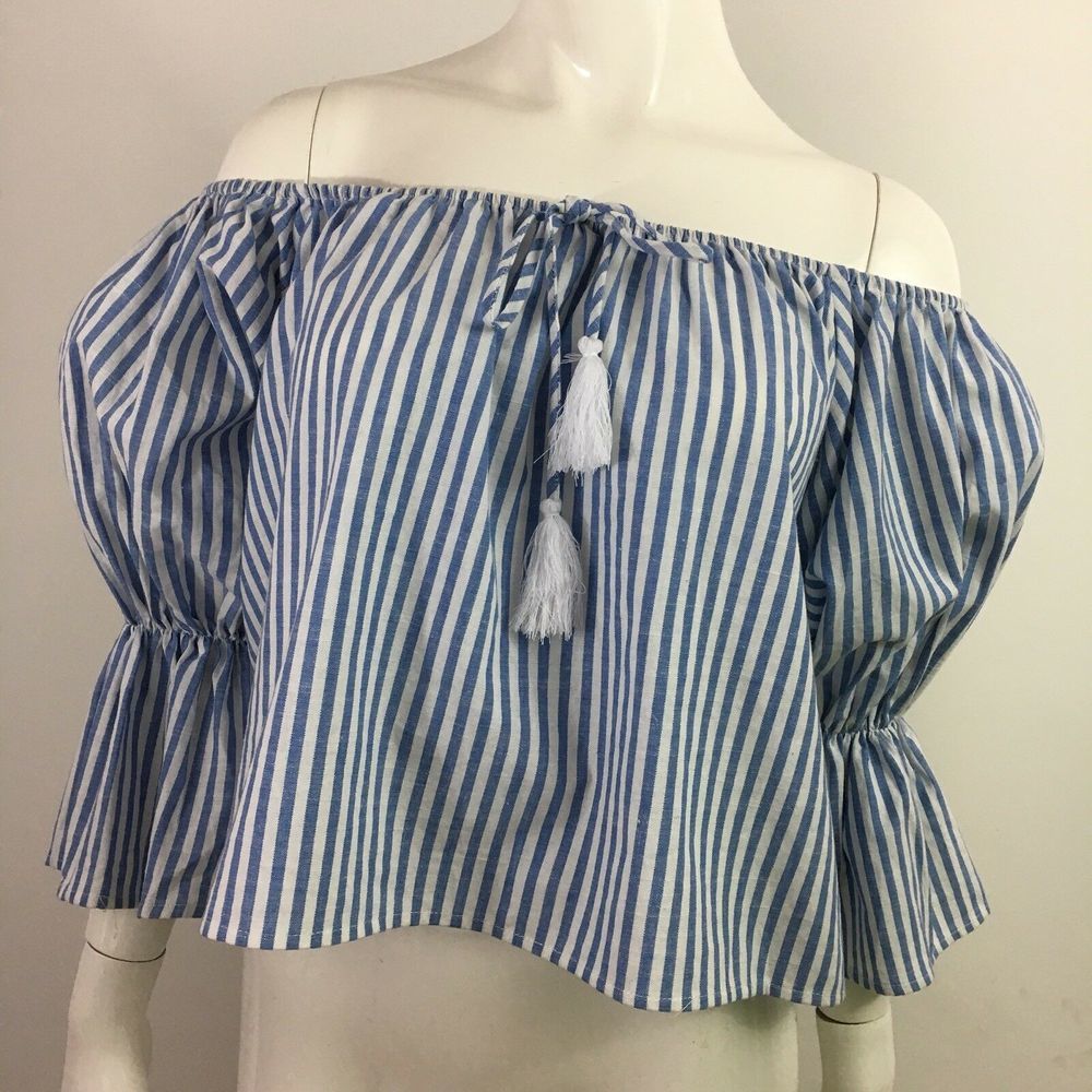 Ecru Lab Striped Off Shoulder Crop Top Bell Sleeve